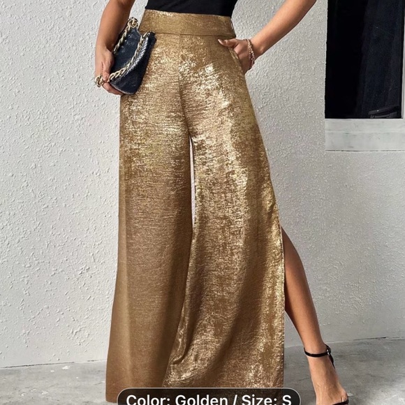 Pants - Golden Wide-Leg Metallic Palazzo Pants